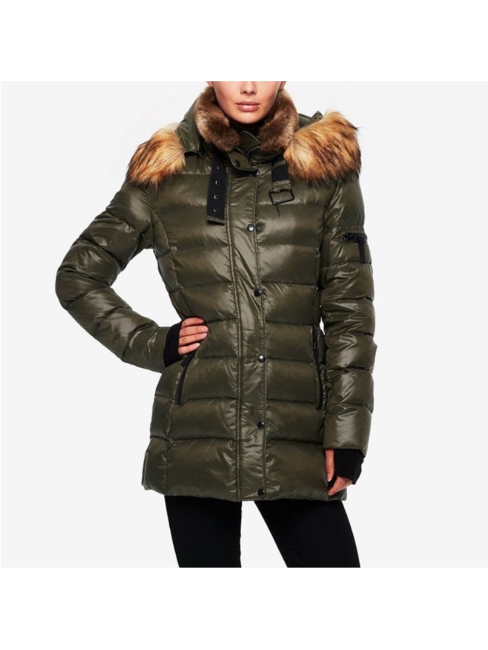 S13 NYC Down Puffer Jacket – Women’s Size Large – Olive Green Faux Fur Hood